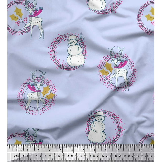 Soimoi Rayon Fabric Wreath,Snowman,Reindeer Animal Printed Fabric 1 Yard 42 Inch Wide