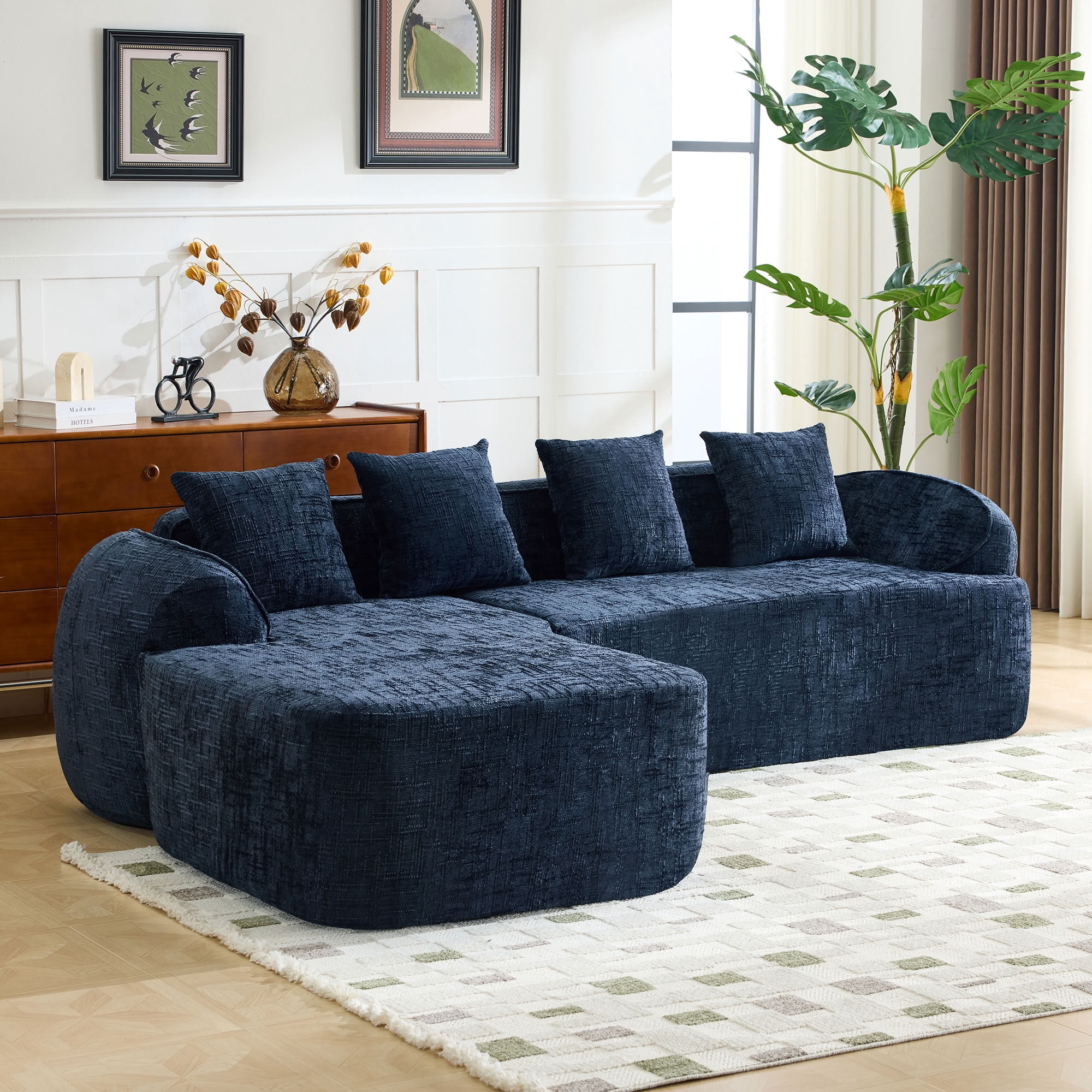 MAYEERTY L-Shaped Chenille Sectional Sofa with Chaise Lounge, 4-Seat Compressed Couch with 4 Throw Pillows, for Living Room Apartment Small Spaces