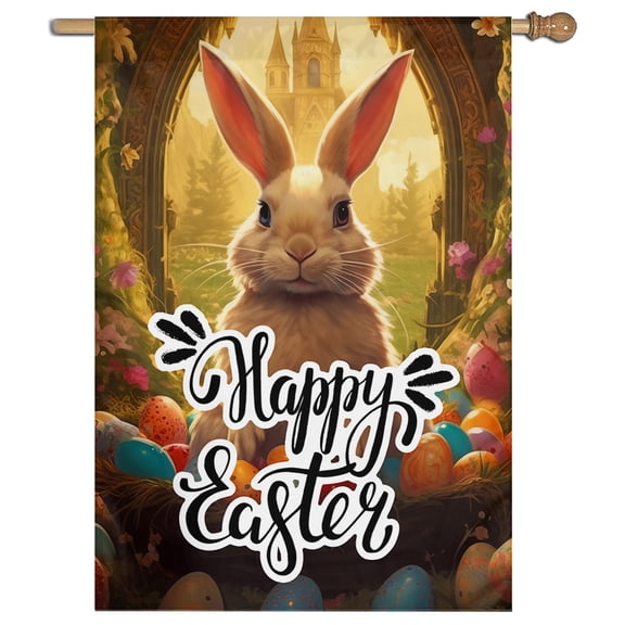 Cayyon Easter Flags 28 x 40 Double Sided, (Happy Easter House Flag) Easter Flag Banner with Bunny for Outside Vertical Holiday Yard Décor