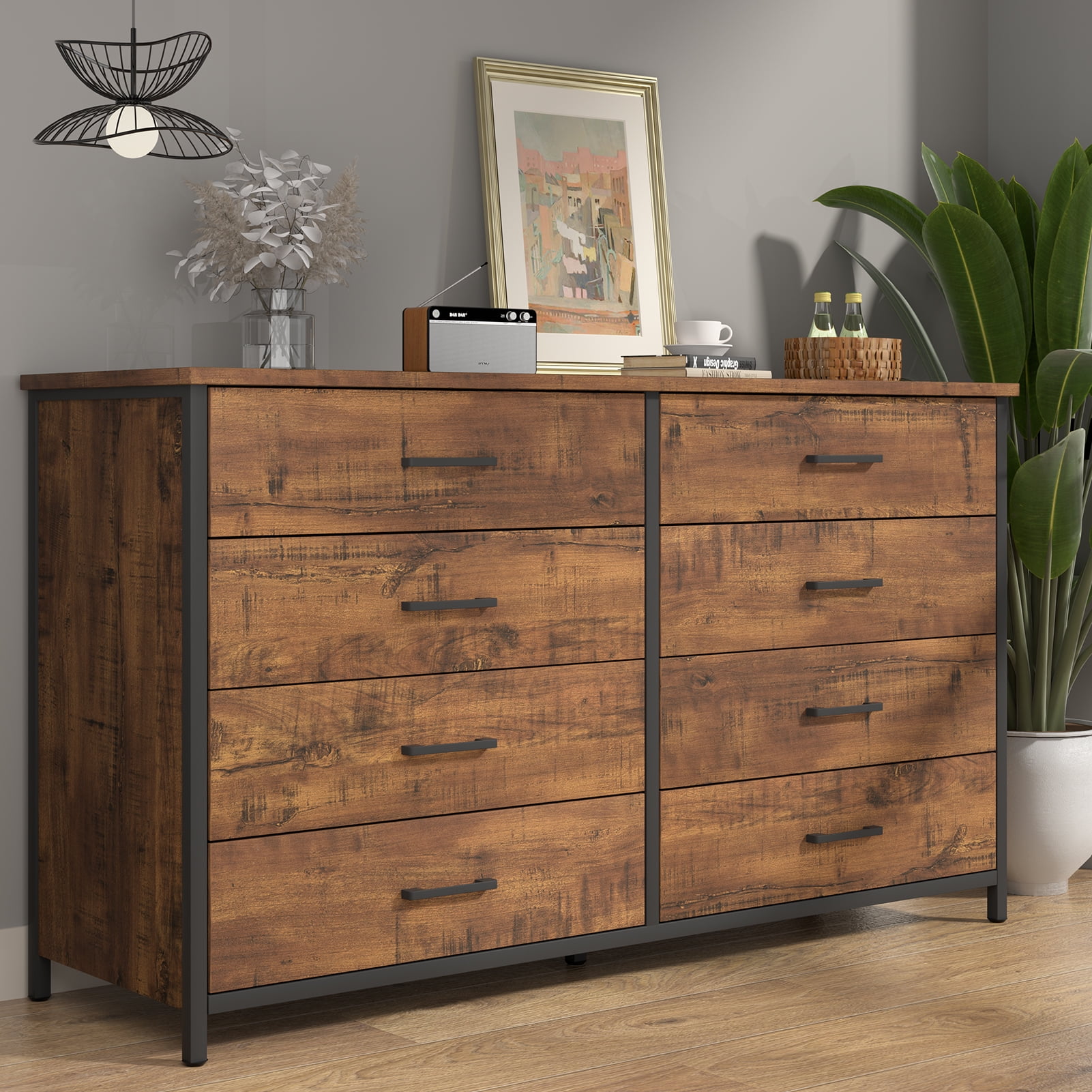 IKENO 8 Drawer Double Dresser, 55 inch Industrial Wood Storage Dressers