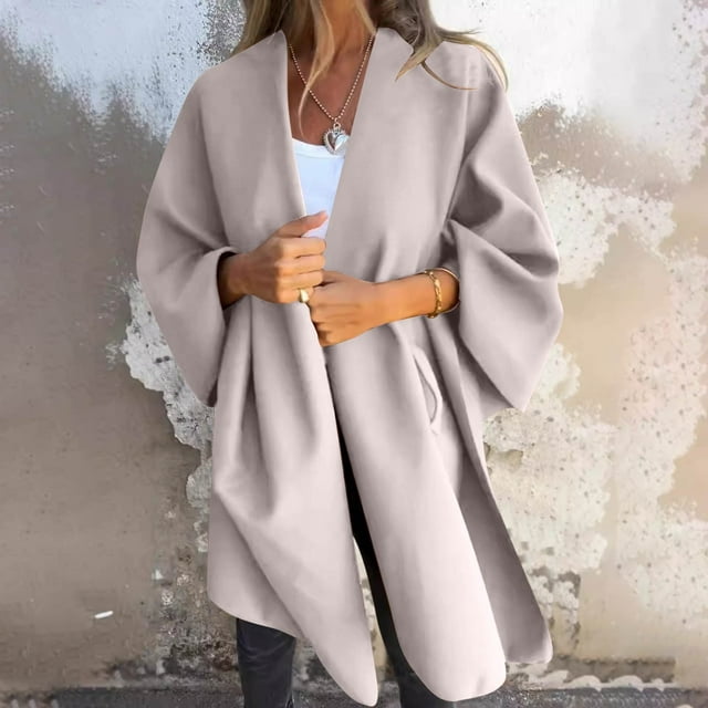 Chaqueta y abrigo informal de manga larga sin capucha para mujer, color liso, con cuello en V largo, tipo capa, tipo cárdigan, abrigo para mujer