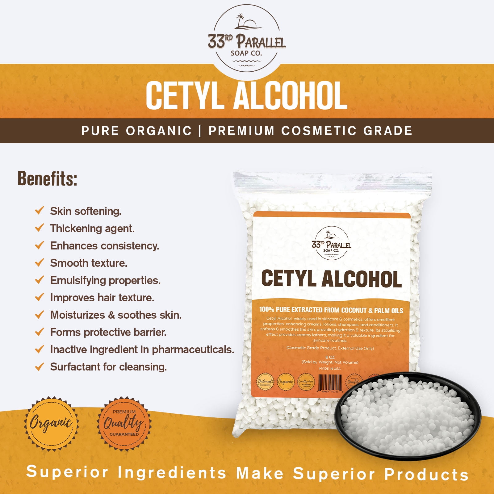 CETYL ALCOHOL ( 32 oz / 2 lbs ) 100% Pure Extracted from Coconut & Palm Oils | 32 Ounces
