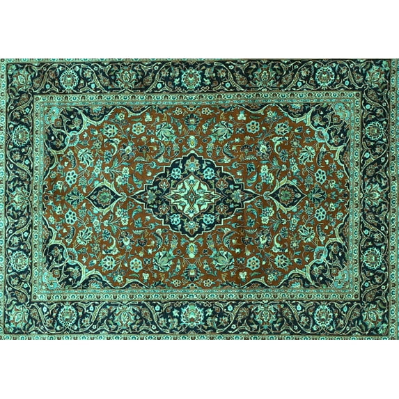 Ahgly Company Machine Washable Indoor Rectangle Medallion Turquoise Blue Traditional Area Rugs, 5' x 8'