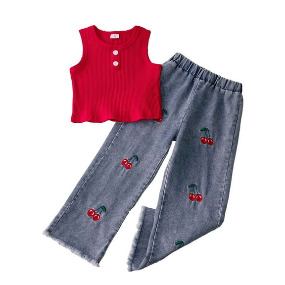 YuYuBao Toddler Girls Outfits Sets Summer Sleeveless Ribbed Vests Tops   Embroidery Cherry Denim Pants Outfits Children Girls Clothes, 3-4 Years