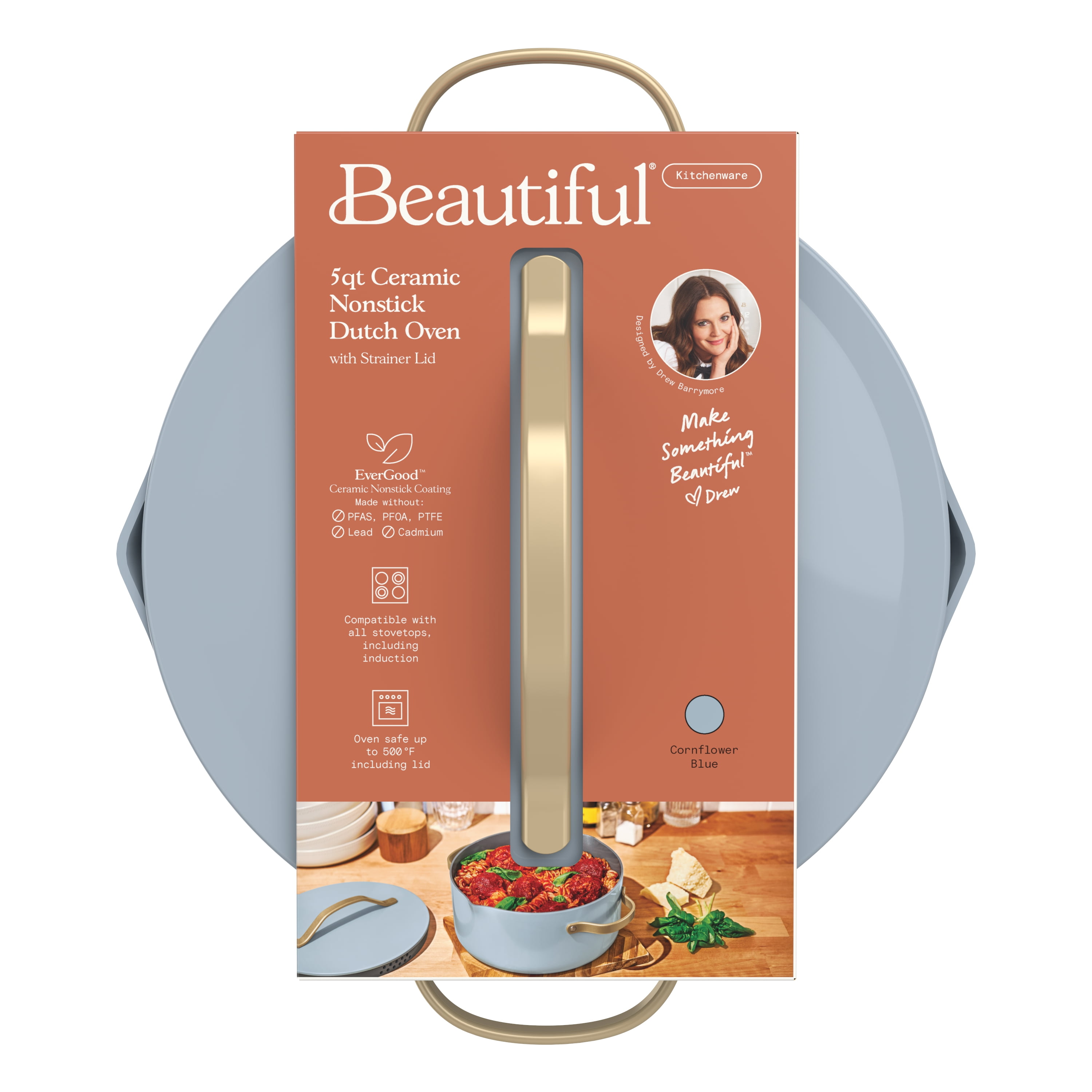 Beautiful 5 Quart Ceramic Non-Stick Dutch Oven with Strainer Lid, Cornflower Blue by Drew Barrymore