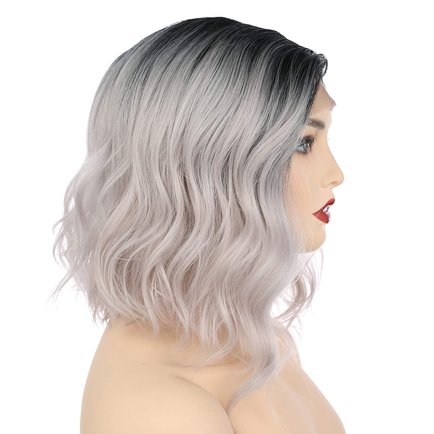 Onedor Side Part Lace Front Short Wavy Hair Bob Wigs for Women (Black Root Ombre Silver Grey)