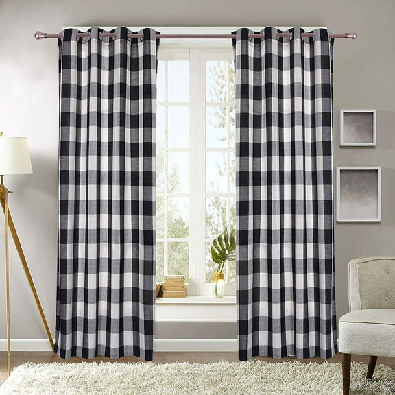 Decotex 1 Piece Plaid Courtyard Buffalo Checkered Grommet Top Window Curtain Drape Panel or Valance (53" X 63", Black/Beige)