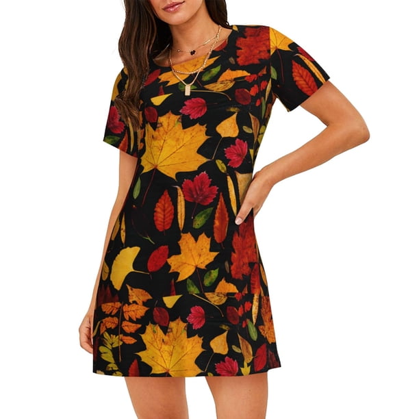 Balery Autumn Maple Leaves A Camisón de manga corta con cuello redondo para mujer, cómodo y elegante.