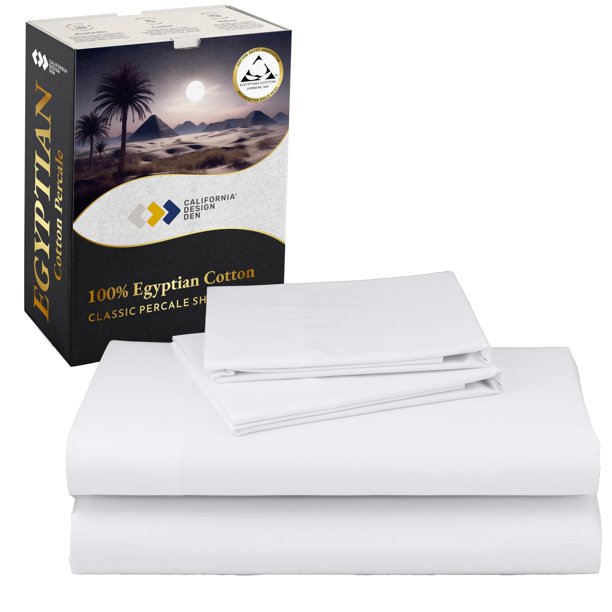 California Design Den Certified 100% Algodón Egipcio Juego De Sábanas De Tamaño Completo – Sábanas De Algodón De Percal Livianas Y Nítidas, Completas Con Bolsillos Profundos, Juego De Cama De Lujo Fre