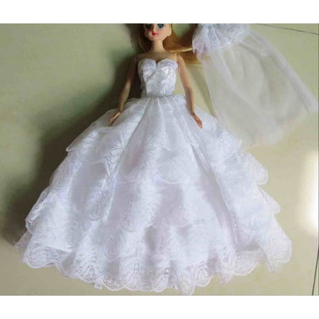 Handmade Heirloom Dresses Lanlan 1 PCS Fashion Multi Layer Handmade Lace Party Gown Dresses With Veil For Dolls Doll Kid Gift White ()