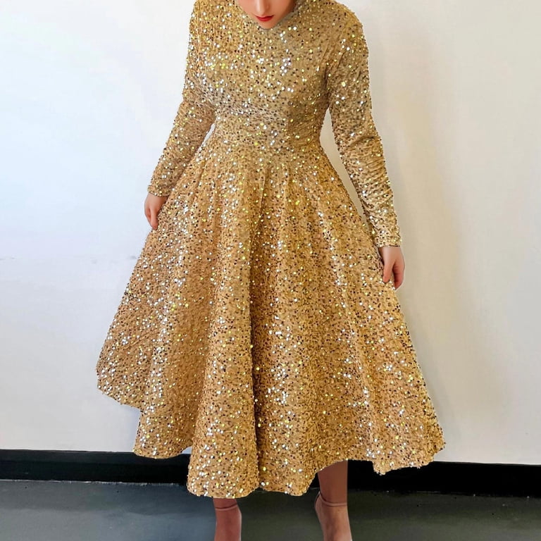loose gold sequin dress WNVMWI Sequin Formal Dresses for Women Evening Party Casual Loose Long  Sleeve Long Dress Solid Color Maxi Dress Gold