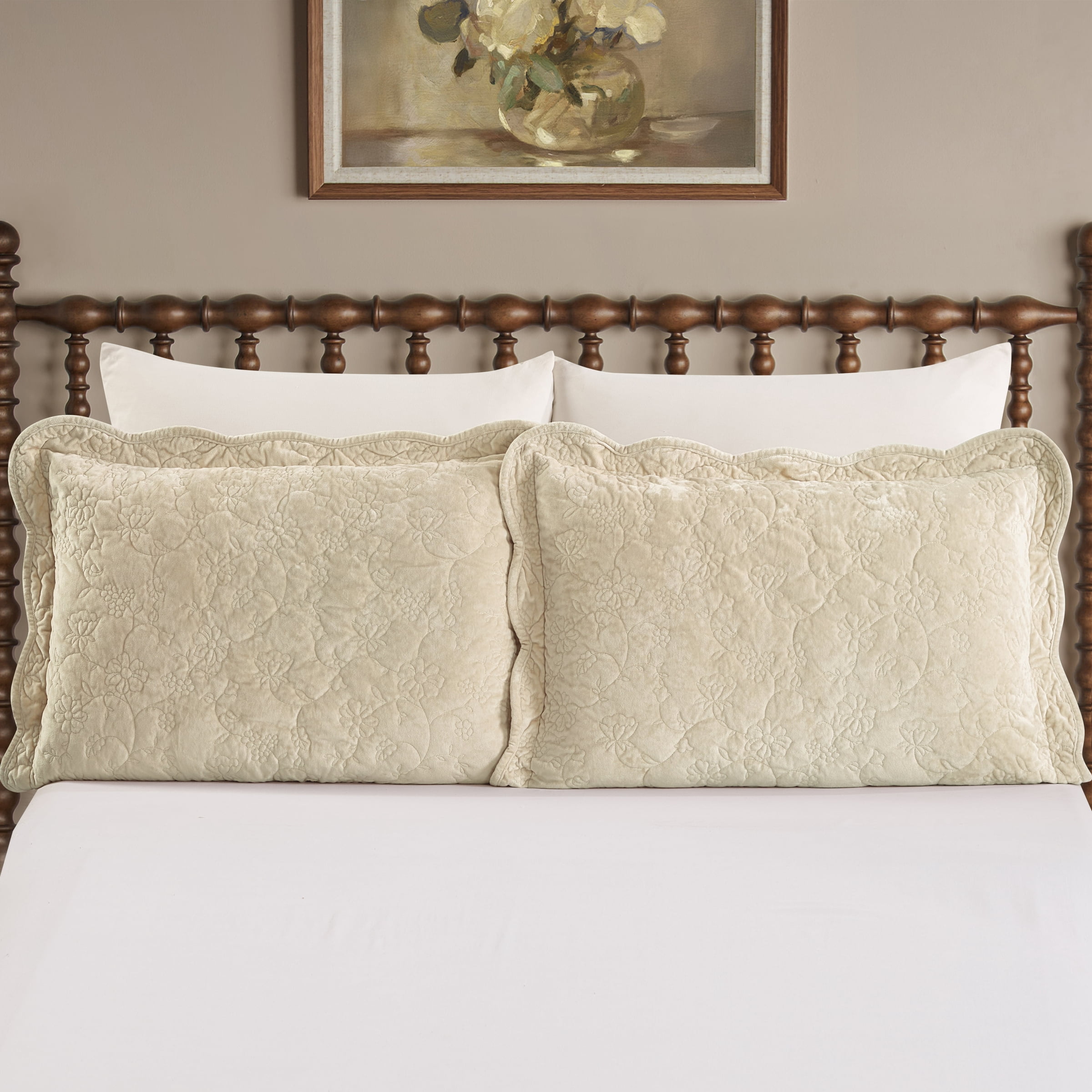 The Pioneer Woman Eloise Floral Velvet Pillow Shams, King, Beige, 2 Pack