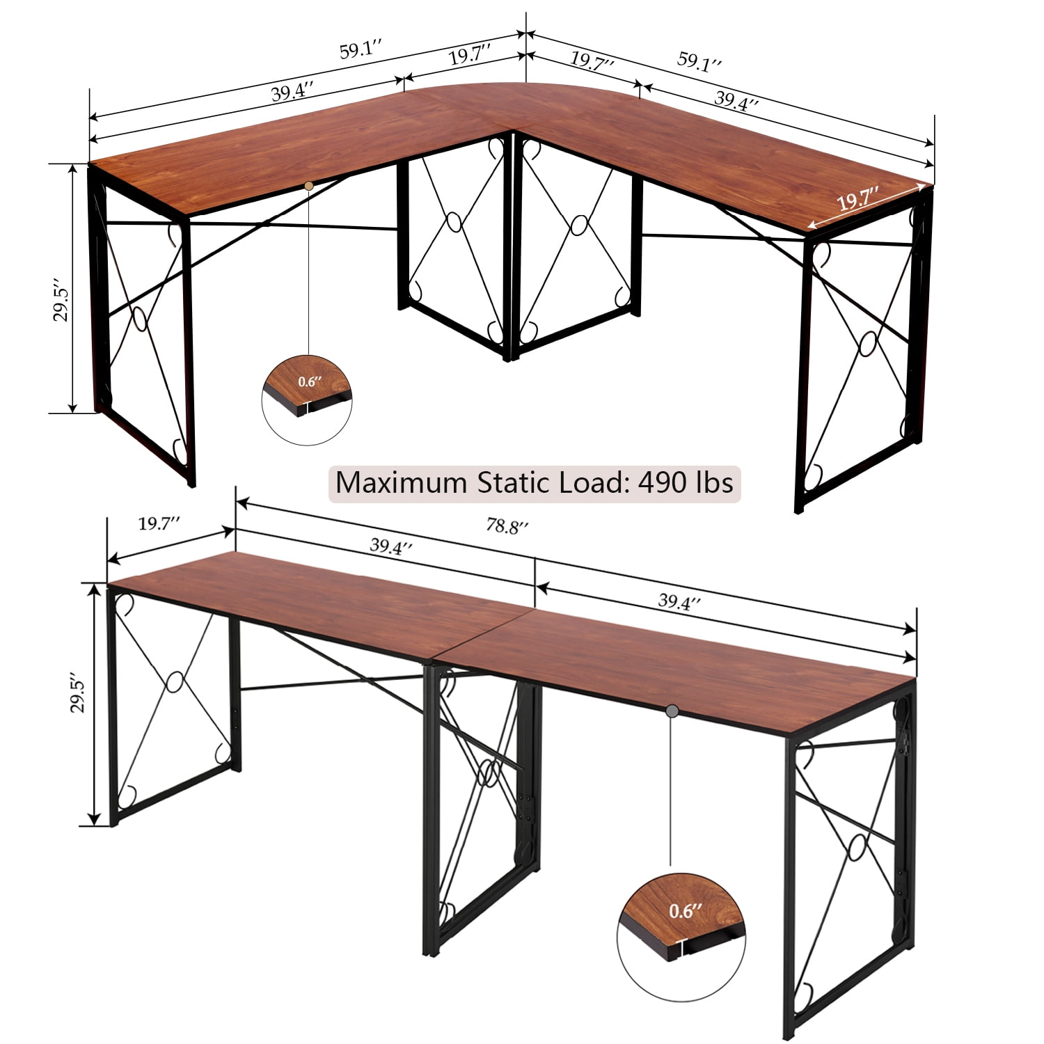 VECELO L Shaped Computer Desk, Corner Computer Desk, Sturdy Home Office Folding Office Table for Small Space, Writing Desk, Gaming Desk Workstation, Brown