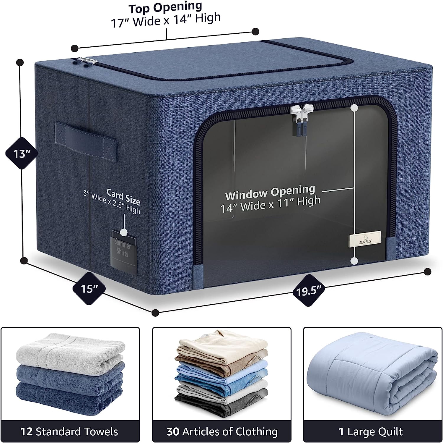 Sorbus Medium Foldable Storage Bin with Metal Frame – Stackable Organizer with Handles, Blue