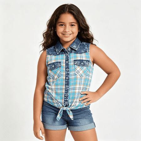 Bienzoe Girl s Plaid Denim Sleeveless Blouse Casual Tank Tops Turquoise/white 14