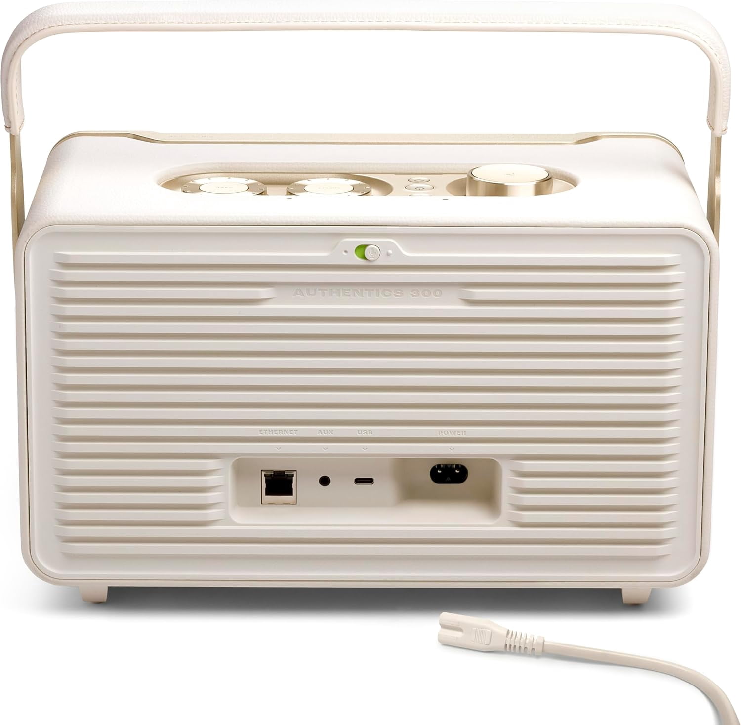 Open Box JBL Authentics 300 - Retro Style Wireless Bluetooth/WiFi Home Speaker, Built in Battery (4800mAh), Music Streaming Services via Built-in Wi-Fi, Built in Alexa and Google Assistant (White/Gold)