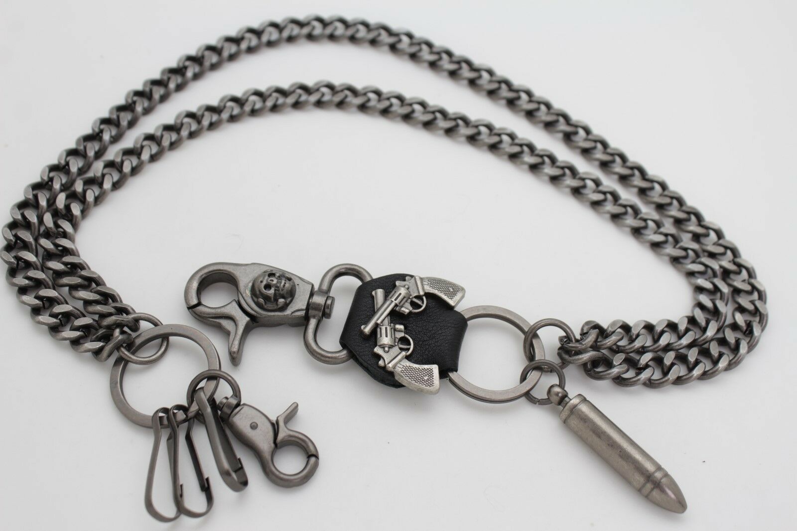 Mens Silver Metal 2 Strands Wallet Chain Key Jean Chain Skeleton Skull Clasp Gunmetal Gray