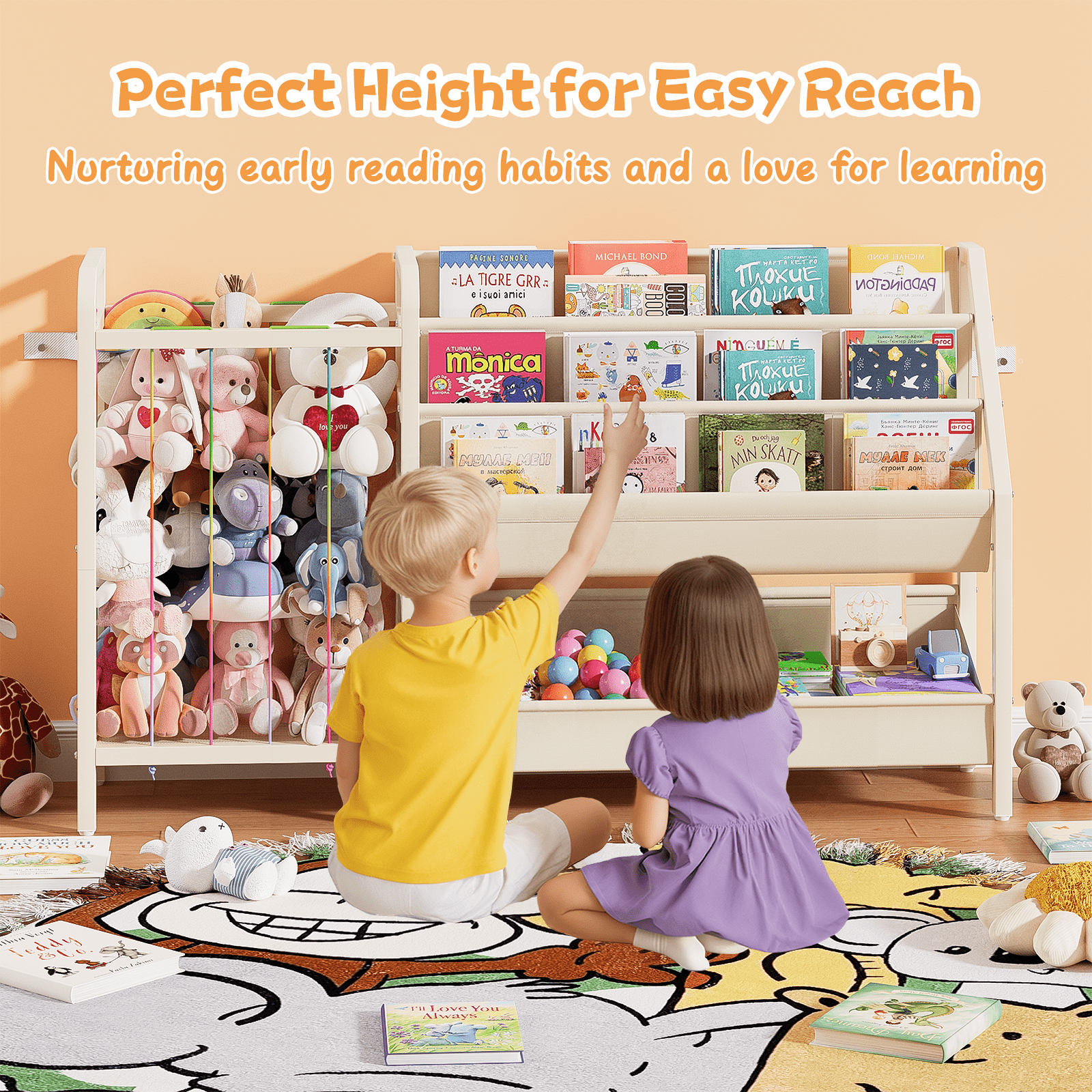 B5 Bookshelf and Toy Storage, Book Shelf for Kids Rooms, Sling Toddler Book Shelves with Stuffed Animal Storage, Montessori Baby Bookcase for Nursery, Bedroom, Playroom, White