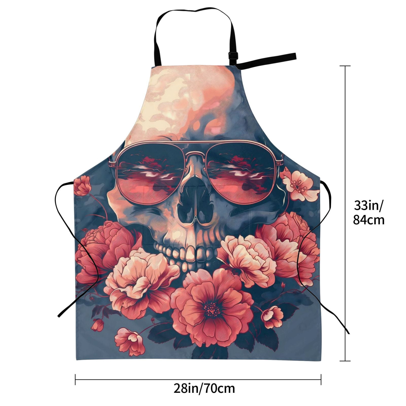 Kdxio Skull With Roses And Sunglasses Apron with Pockets Adjustable Kitchen Aprons for Men Women Waterproof Aprons for Cooking,Drawing,Crafting, Baking Household Cleaning