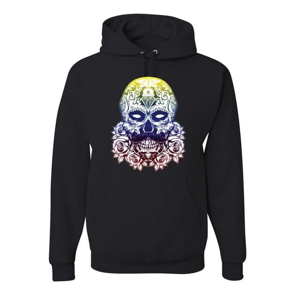 Retro Mosaic Style Floral Trippy Skulls Fashion Graphic Hoodie Sweatshirt, Black, Small