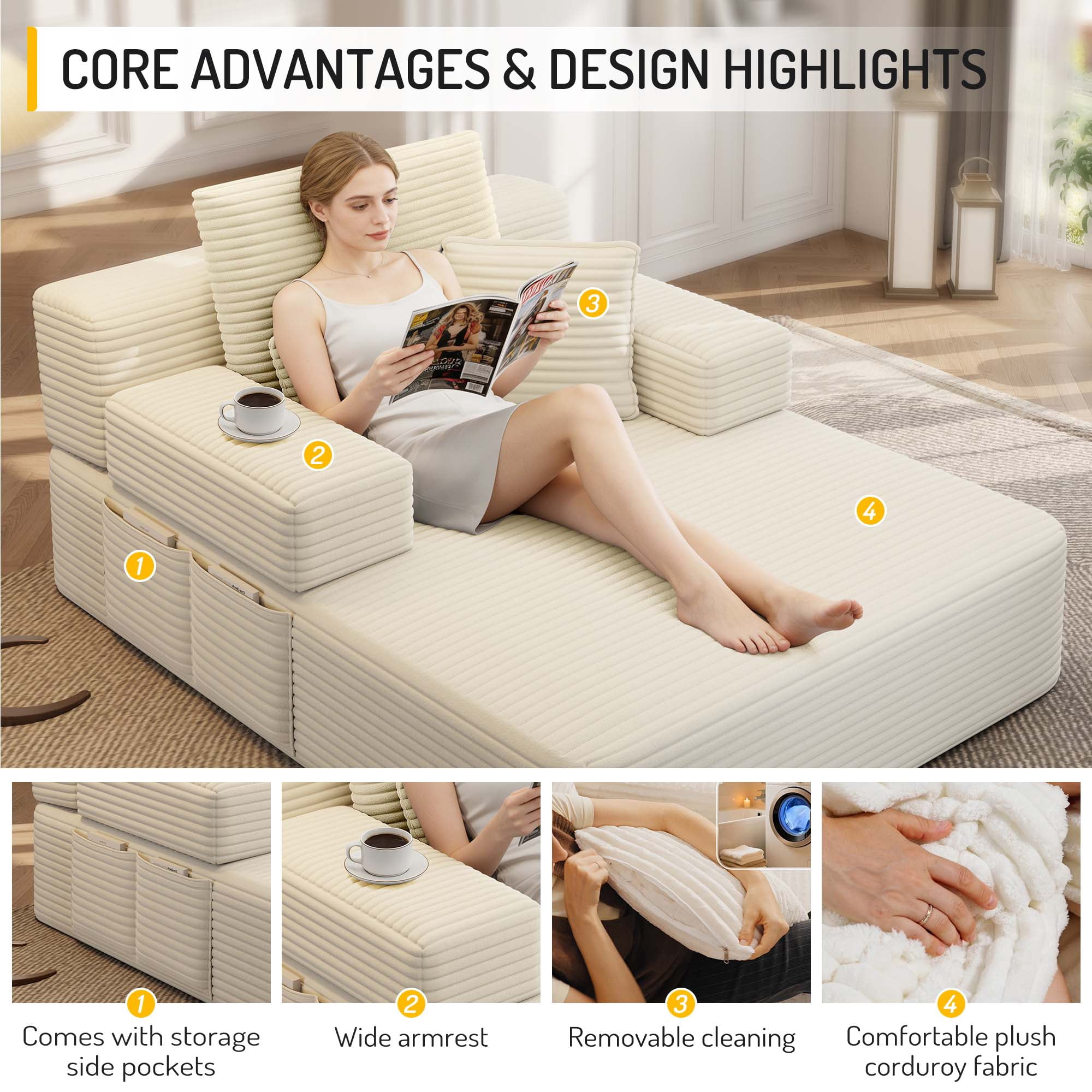 Miniyam 70" x 48.5" Corduroy Chaise Lounge Indoor with Side Pockets & 3 Pillows for Small Spaces, Compression Sofa, Beige