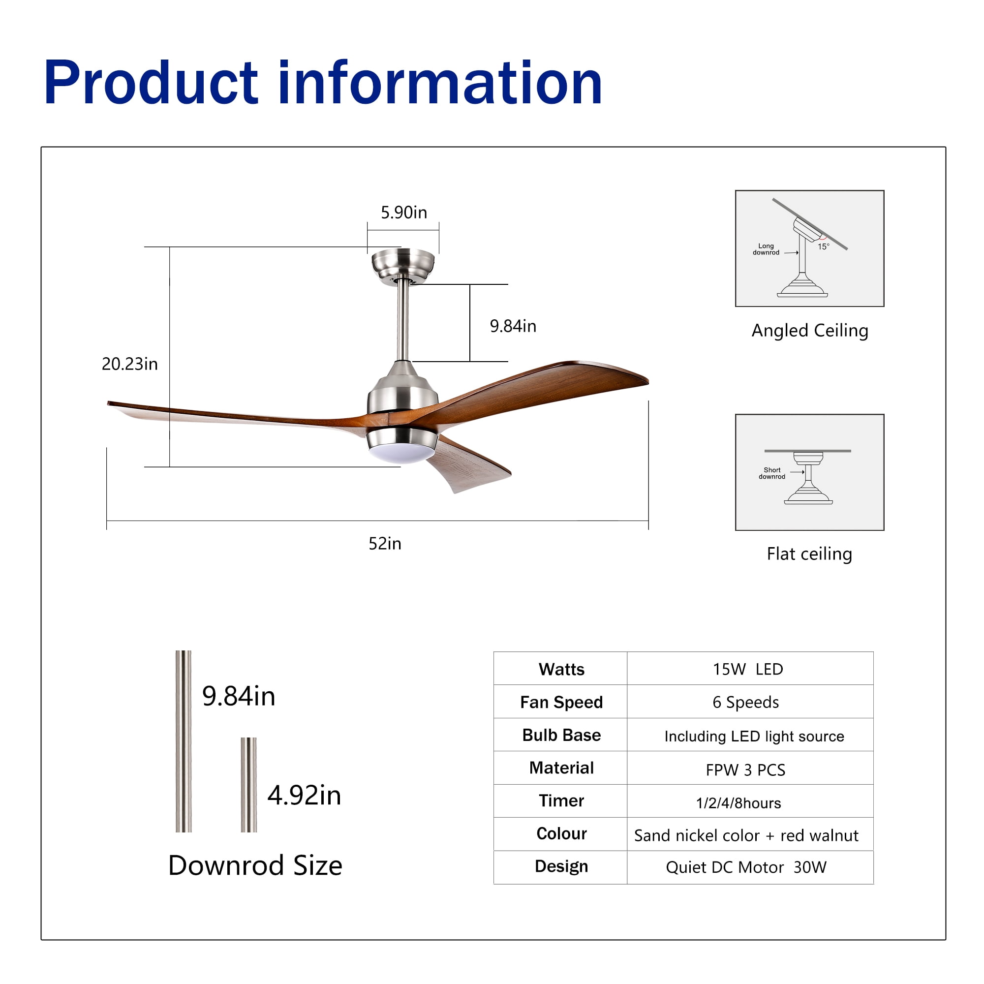 Ceiling Fan with Light, 52 Inch Solid Wood Blade Quiet Fan for Home Office Living Room, Stain Nickel