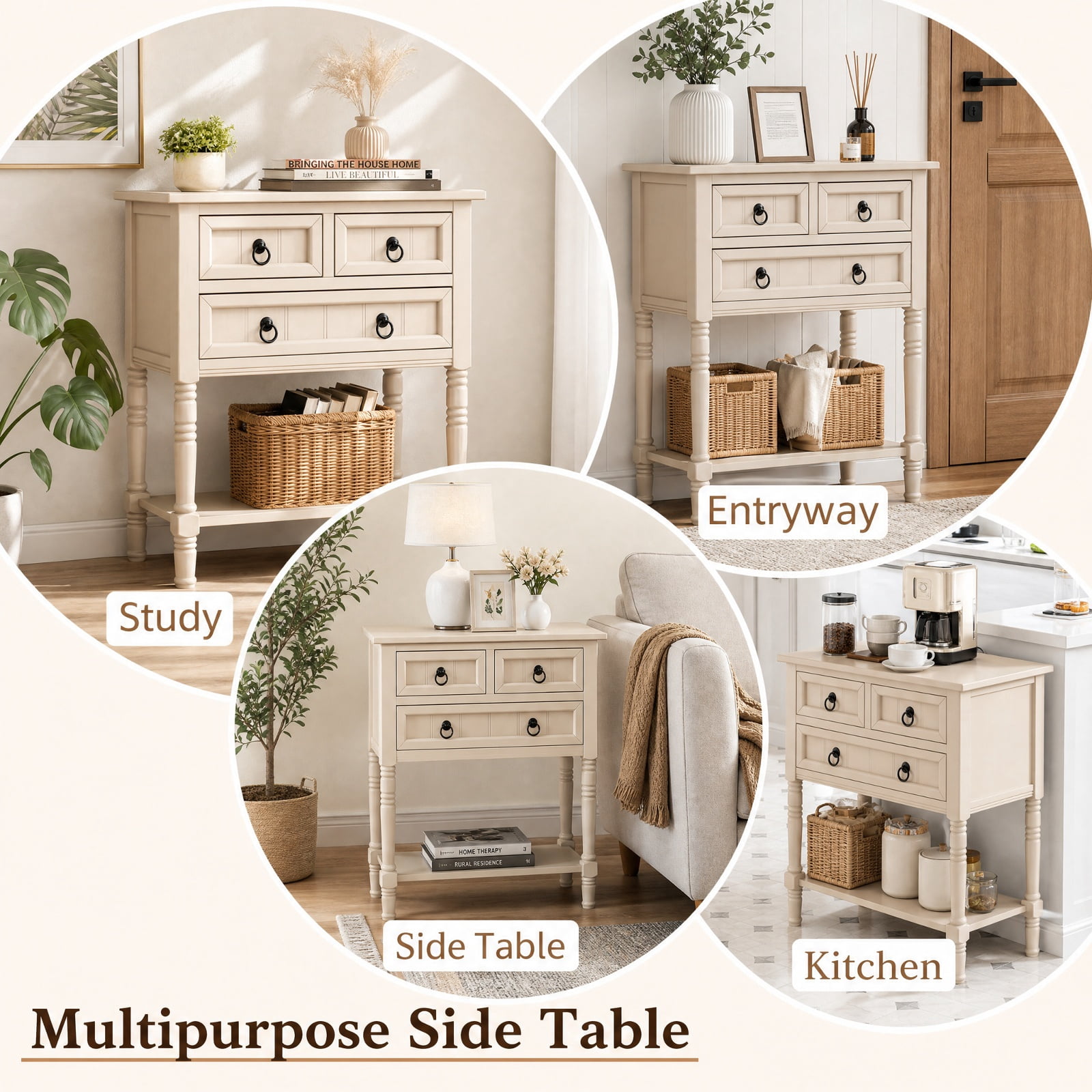 Furnibear Narrow Console Table with 3 Storage Drawers Open Bottom Shelf and Solid Wood Legs for Entryway Hallway and Living Room, Beige