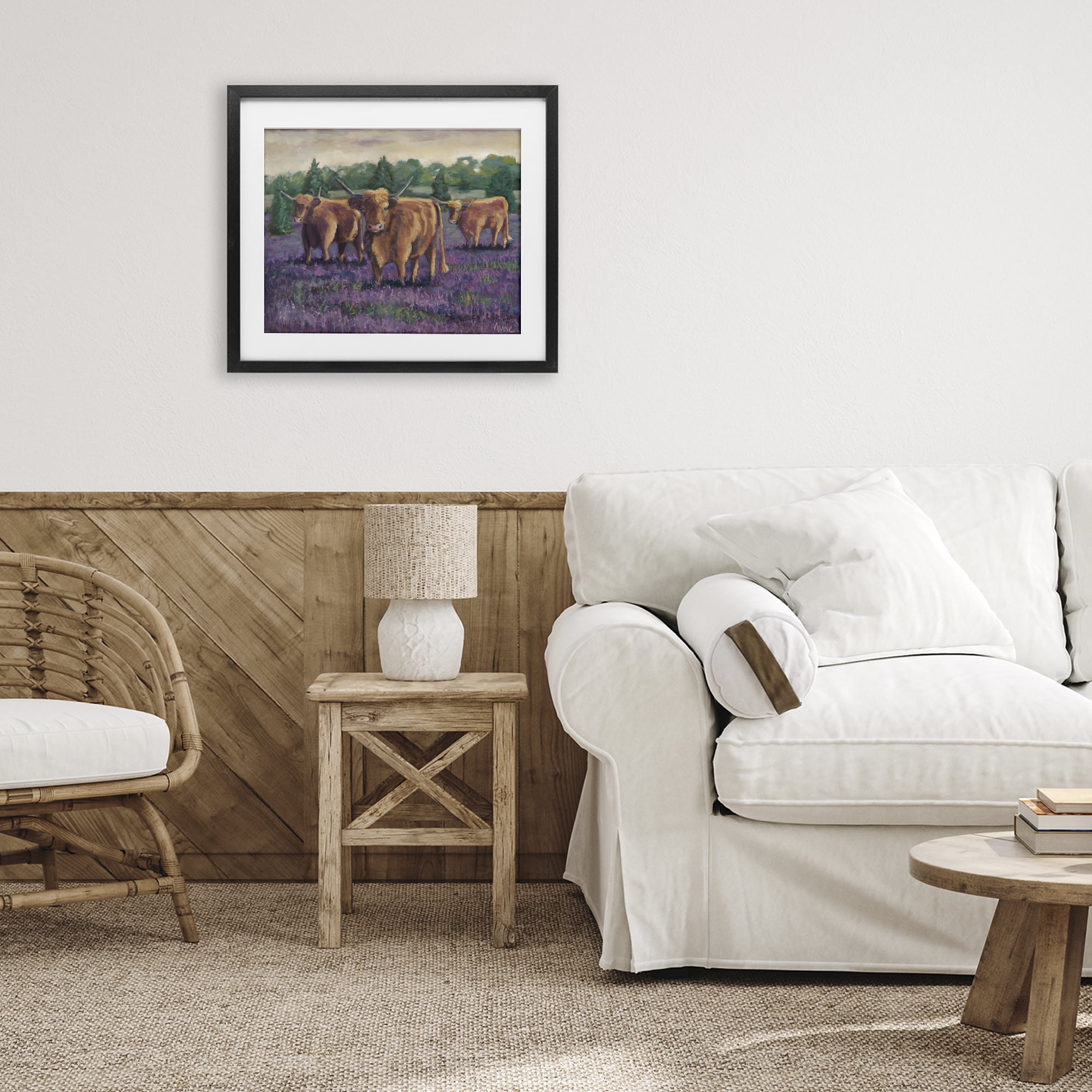 Purple Fields & Cows Black Framed Print Under Glass, design by Marnie Bourque