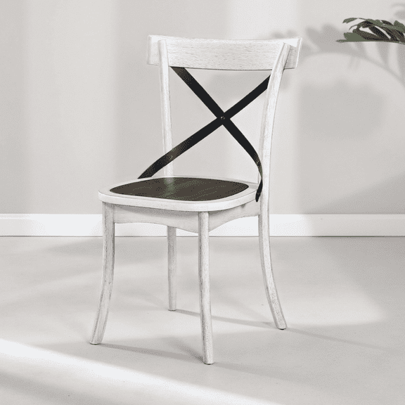 Set of 2 Rustic Farmhouse Dining Chairs, Metal X-Back & Solid Wood Frame Vintage Side Chairs