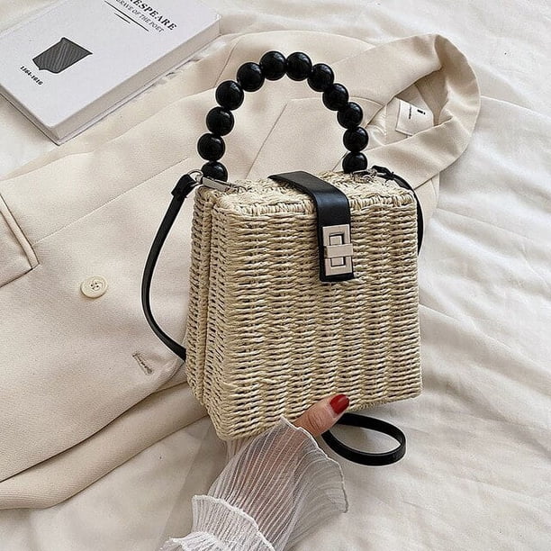 LHSHID Summer Rattan Small Square Bag Casual Style Beach Bag Handbag Woven Handmade Top-handle Bag Shopping Portable Purse Totes