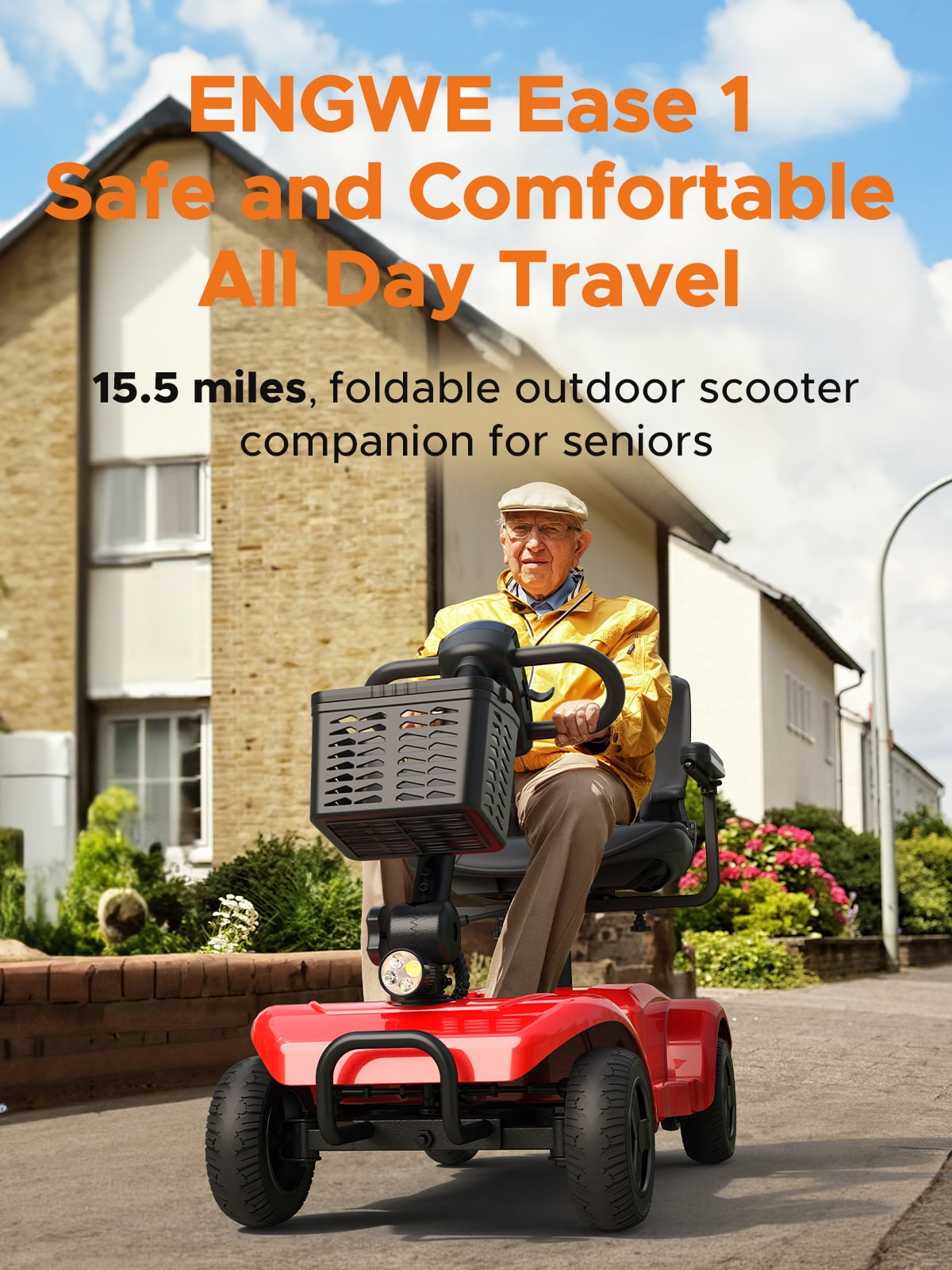 ENGWE 4 Wheels Mobility Scooter for Seniors & Adults , Electric Foldable Mobility Scooter with Rotating Chair Basket Headlights Folding Wheelchair for Short Travel ,Red