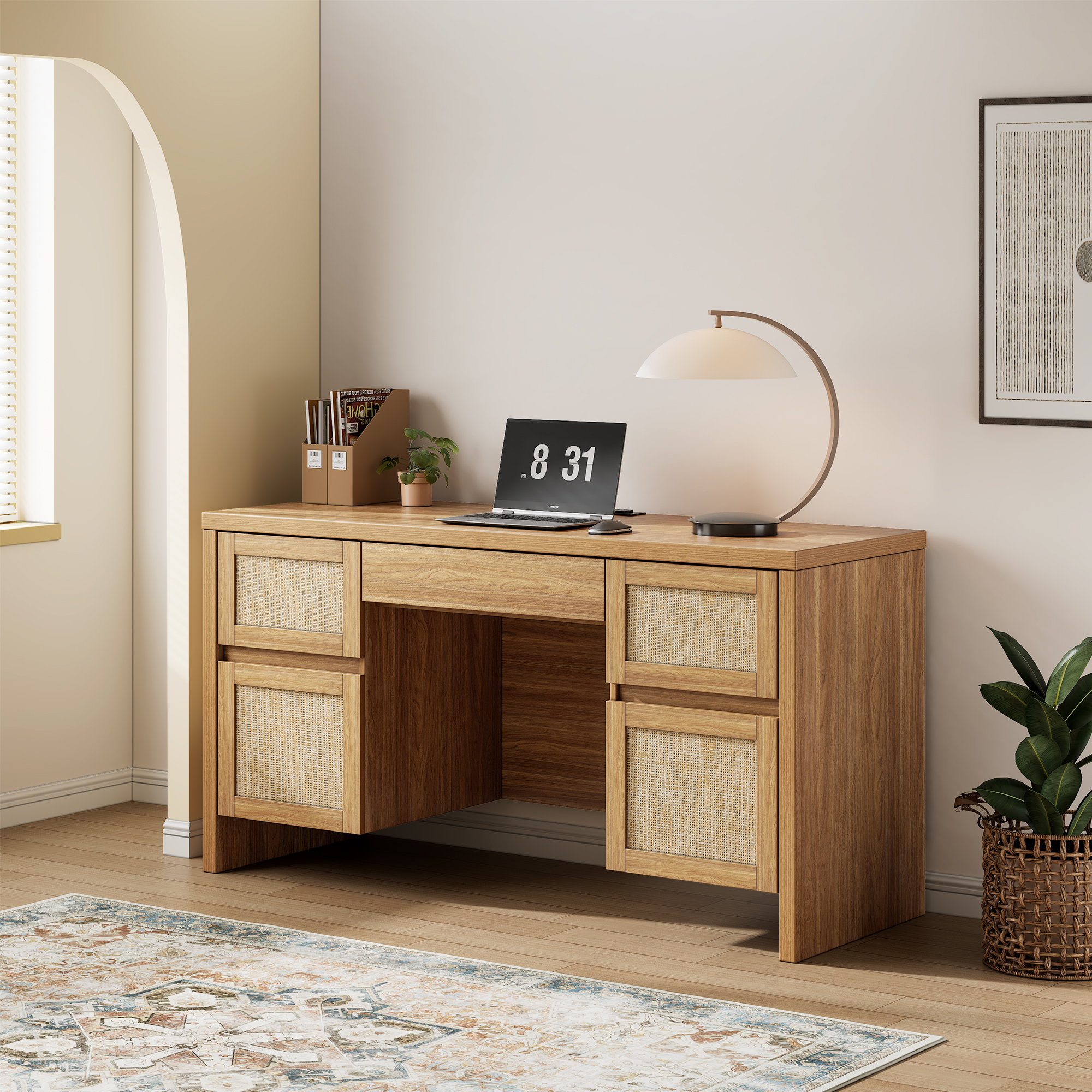Brafab Home Office Desk with Charging Station, 5-Drawer Executive Desk with Rattan Front, Modern Farmhouse Computer Writing Desk, Built-in USB/Type-C Ports & Outlets