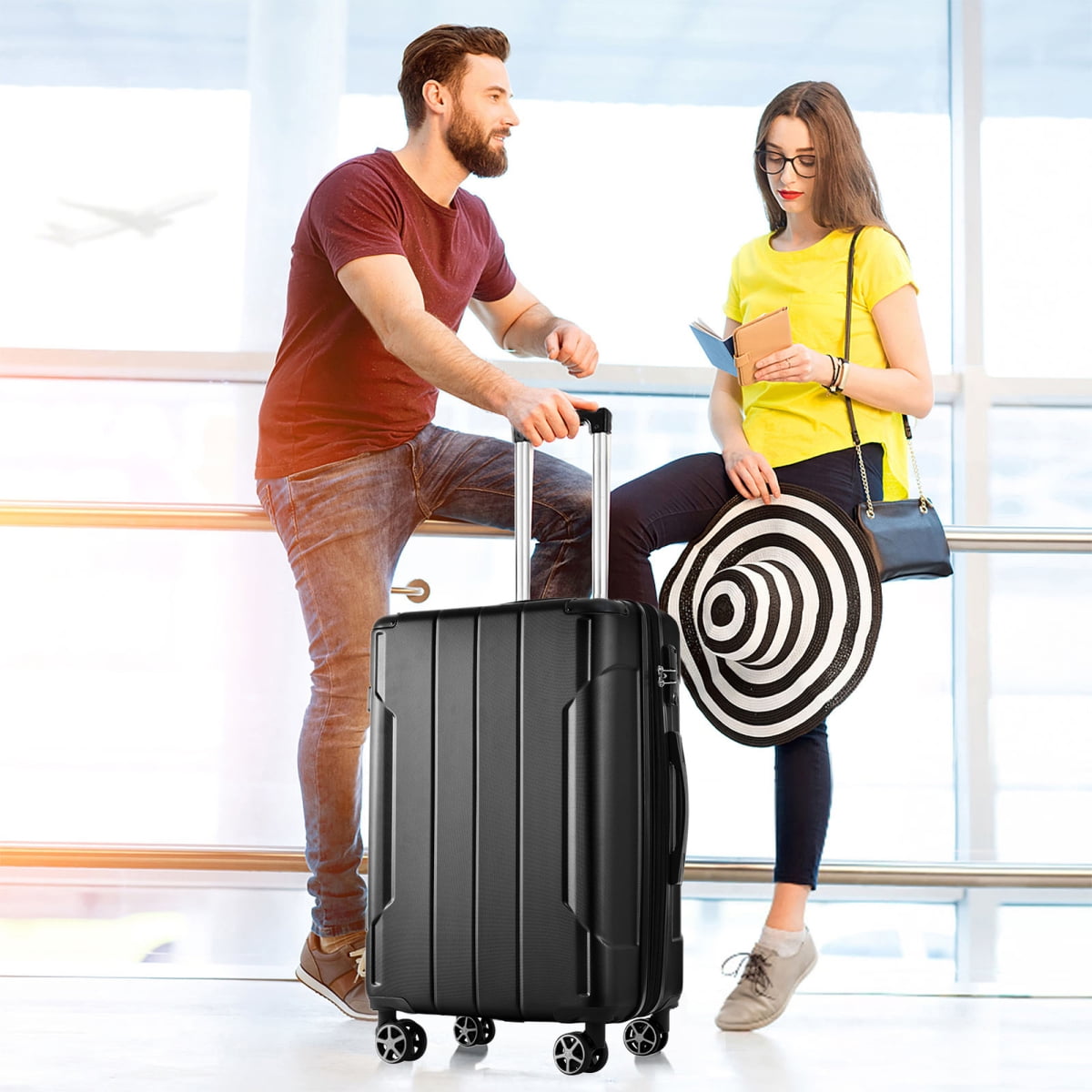 Hardshell Luggage, Lightweight Durable ABS Suitcases with Double Wheels, Expandable 28-inch Checked Luggage 28" (Black)
