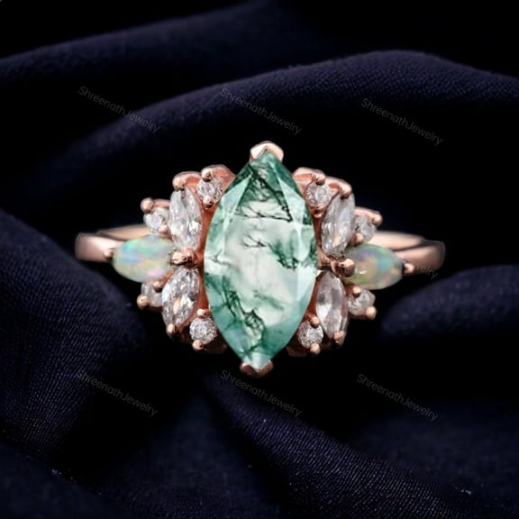 Natural Aquatic Agate Bridal Ring Women Wedding Stacking Ring Marquise Diamond Cluster Ring October Birthstone Jewelry Rose Gold Plated Ring