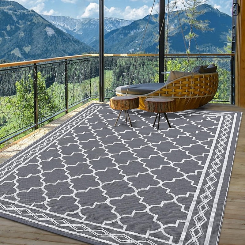 Towallmark 10x14 Outdoor Rug Waterproof, Reversible Plastic Straw Patio Mat, Large Camping Rugs for RV Backyard Deck, All Weather Outside Carpet for Balcony Picnic, Grey&White