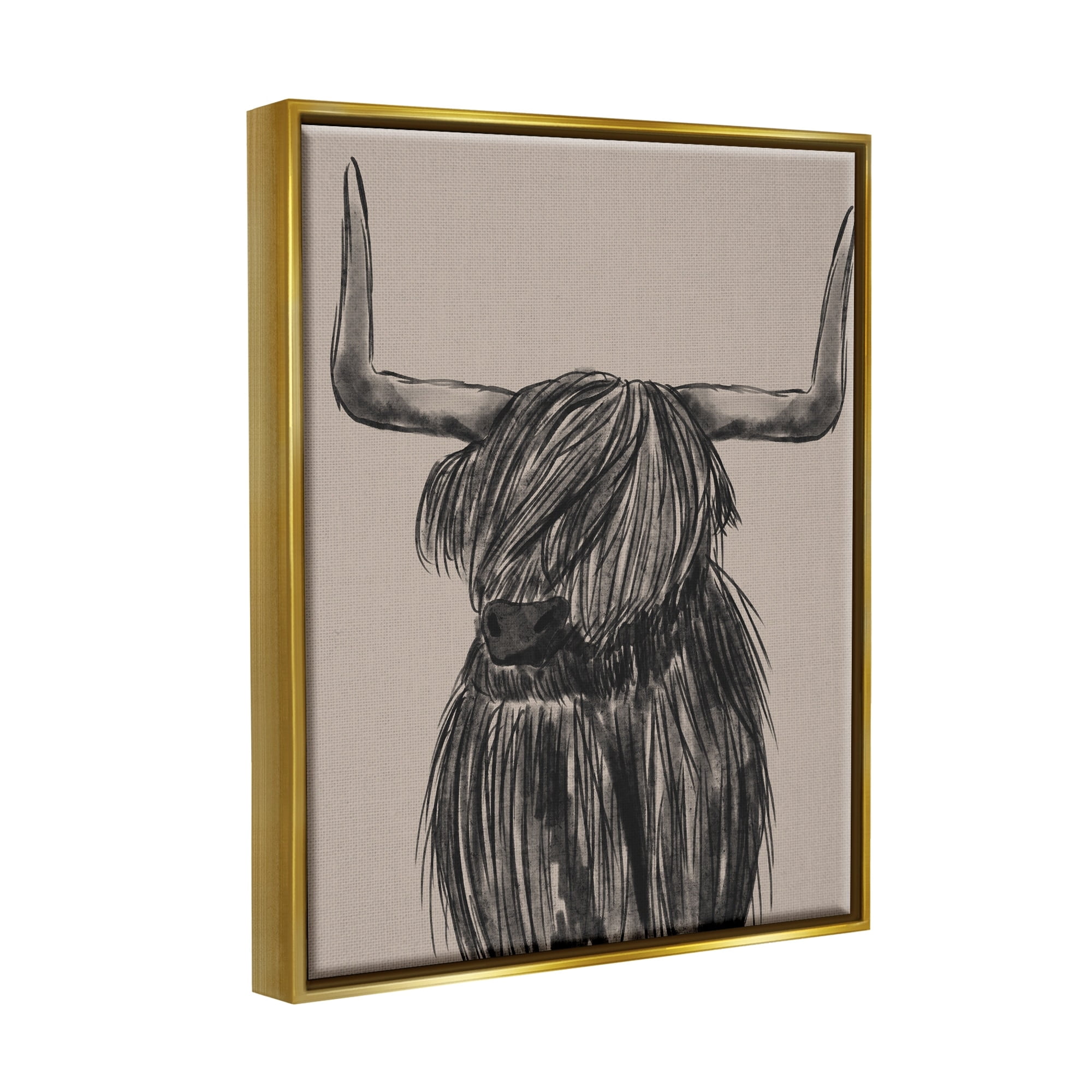 Stupell Industries Longhorn Highland Cattle Charcoal Line Drawing Portrait Drawing Print Metallic Gold Floating Framed Canvas Print Wall Art, Design by Lisa Whitebutton