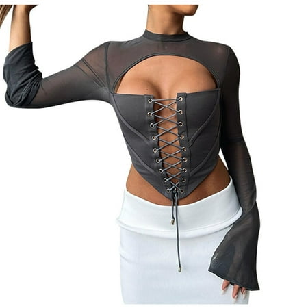 YYDGH Women Sexy Long Sleeve Mesh Crop Top Solid Color Cover Up Slim Fit Lace Up Bandeau Bustie Crop Corset Top Clubwear Gray L