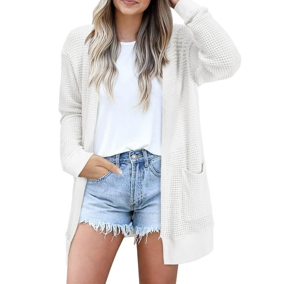 TEMOFON Womens Cardigan Sweaters Long Sleeve V Neck Waffle Tops Knit Lightweight Shirts for Women with Pockets White L
