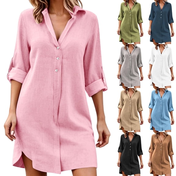 Miluxas Womens Summer Shirt Mini Dress Rolled 3/4 Sleeve Casual Loose Beach Short Dress Button Down Collared Lightweight Vacation Sundress White