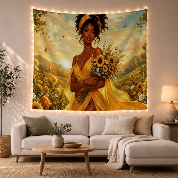 African American Woman in Sunflower Meadow at Sunset, Peaceful Illustration for Nature Lovers, Boho Botanical Wall Art, Birthday Gift, Tapestry Wall Hanging for Bedroom and Living Room