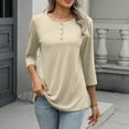 thumbnail image 6 of Atogsazn Womens 3/4 Sleeve T-shirt Casual Button Crew Neck Blouse Basic Tops Loose Outfit Tee Pullover Khaki M, 6 of 9