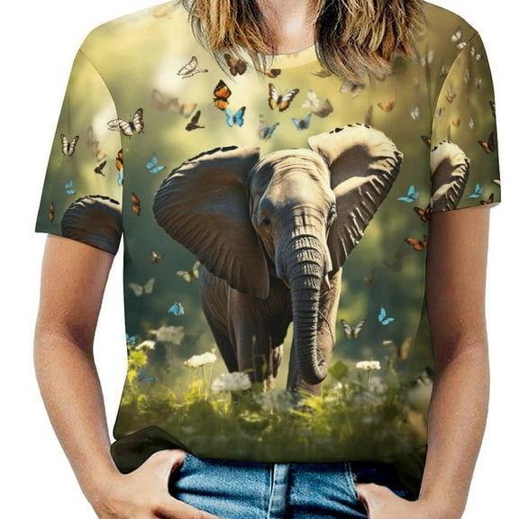 Colorful Elephant Flower Women's T-Shirt Short Sleeve T Shirts Tops Tee Ladies Loose T