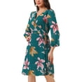 thumbnail image 4 of INSPIRE CHIC Women's Boho Floral V Neck Bishop Sleeve Below The Keen Wrap Dress XL Dark Green, 4 of 6