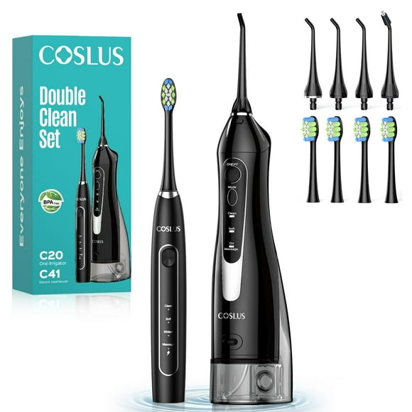 COSLUS Water Teeth Flosser & Electric Toothbrush Combo: 2-in-1 Portable Deep Cleaning Kit, Sonic Toothbrush and Pick with Multiple Modes & 4 Tips 4 Brushes for Family, IPX7 Water
