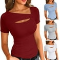 thumbnail image 6 of Womens Short Sleeve Front Cut Out Tops Tight Fitting Tees Tshirt Casual Trendy T-Shirt Going Out Tops Summers Clothes, 6 of 6
