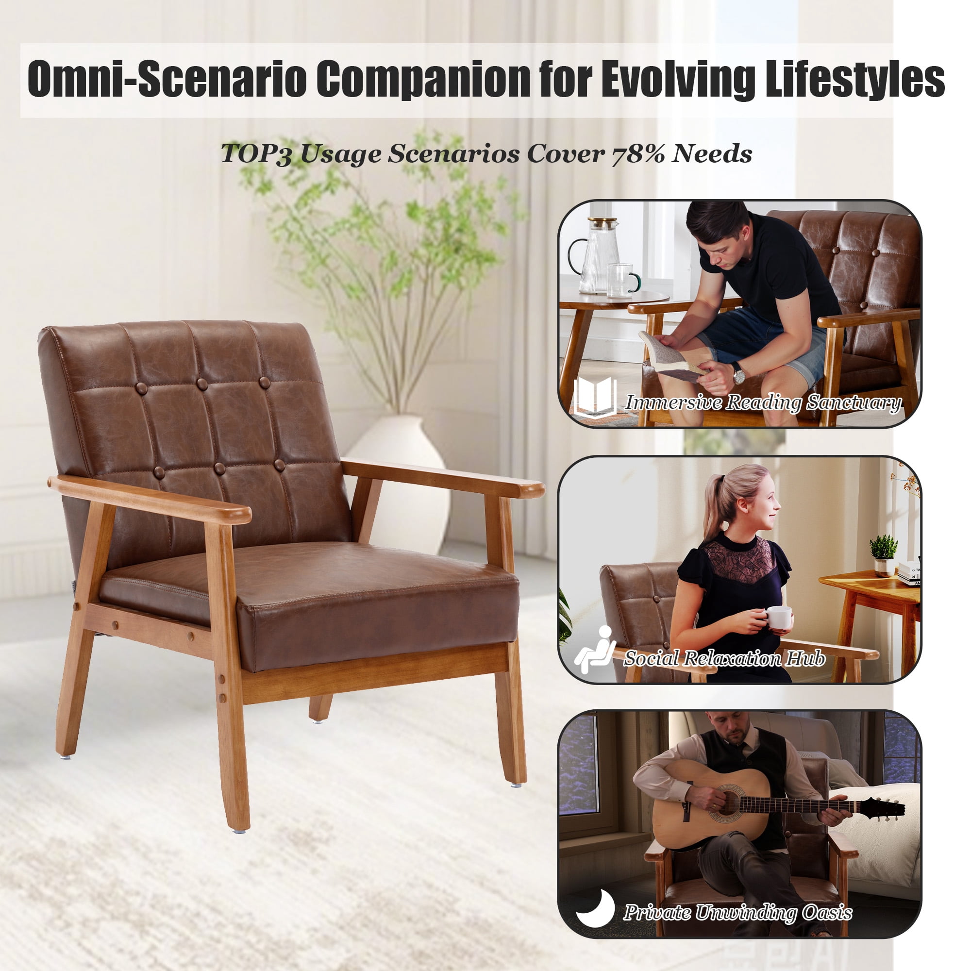 MOONMISS Accent Chair Set of 2,Mid Century Modern PU Leather Armchair with Wood Frame for Living Room Bedroom Study Room Easy Assembly,Brown