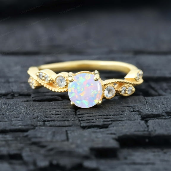 CHIRAGEMSJEWEL 6 MM / 1 Ct Vintage Opal Wedding Ring - Art Deco Diamond Jewelry Proposal Gift for Girlfriend