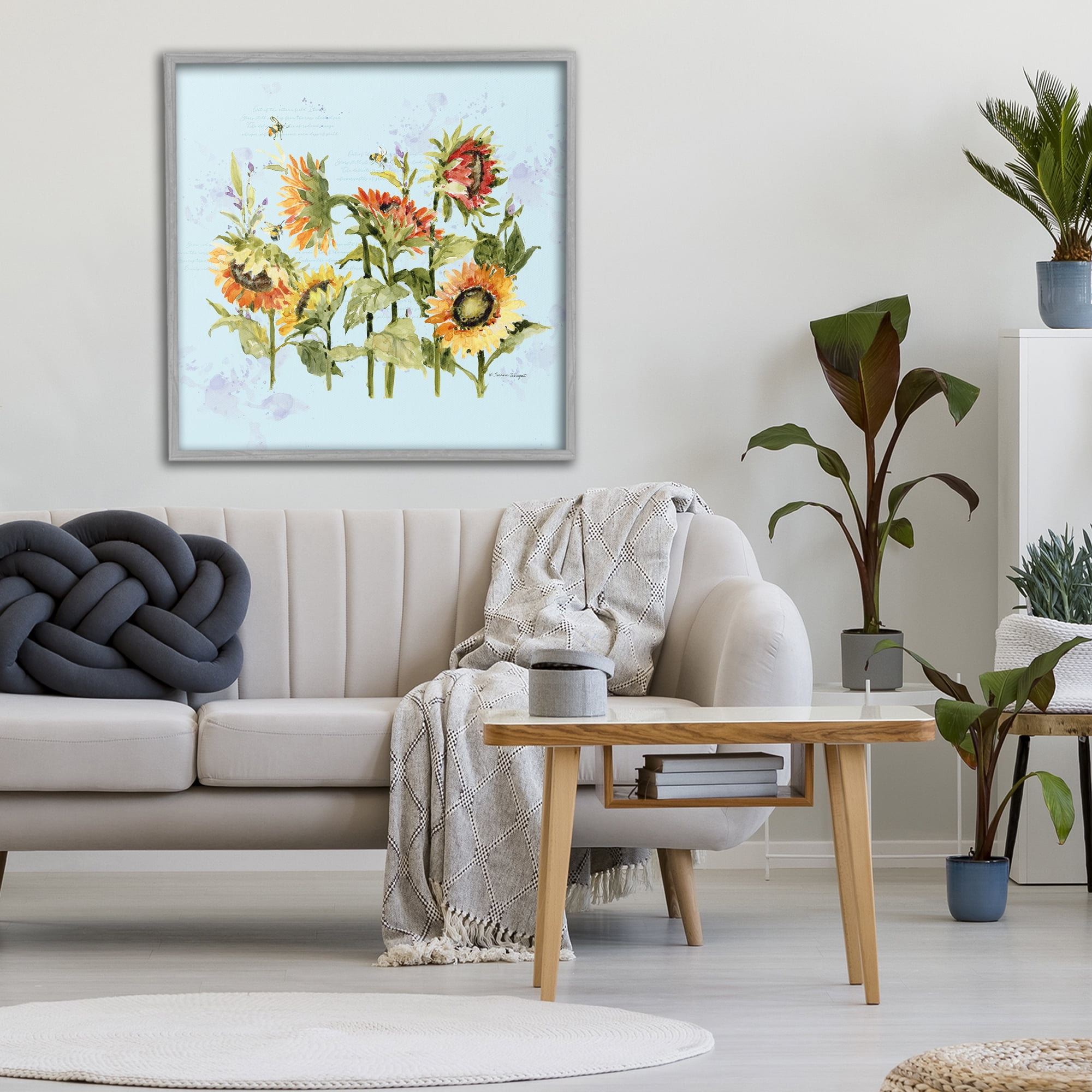 Stupell Industries Sunflowers & Bee on Blue Gray Framed Giclee Art, design by Susan Winget