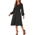 thumbnail image 1 of Vestido V de Cuello Inspire Chic para Mujeres, con Mangas Abullonadas, Vestido Midi A-Line para Fiesta de Boda, Color Negro, 1 of 5