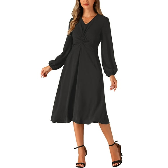 INSPIRE CHIC V Neck Dress for Women's Puff Sleeve A-Line Party Wedding Guest Midi Dresses XS Black